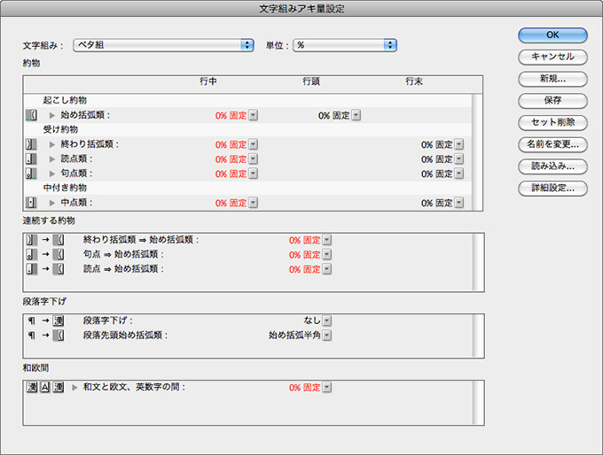 文字組みアキ量設定・基本設定